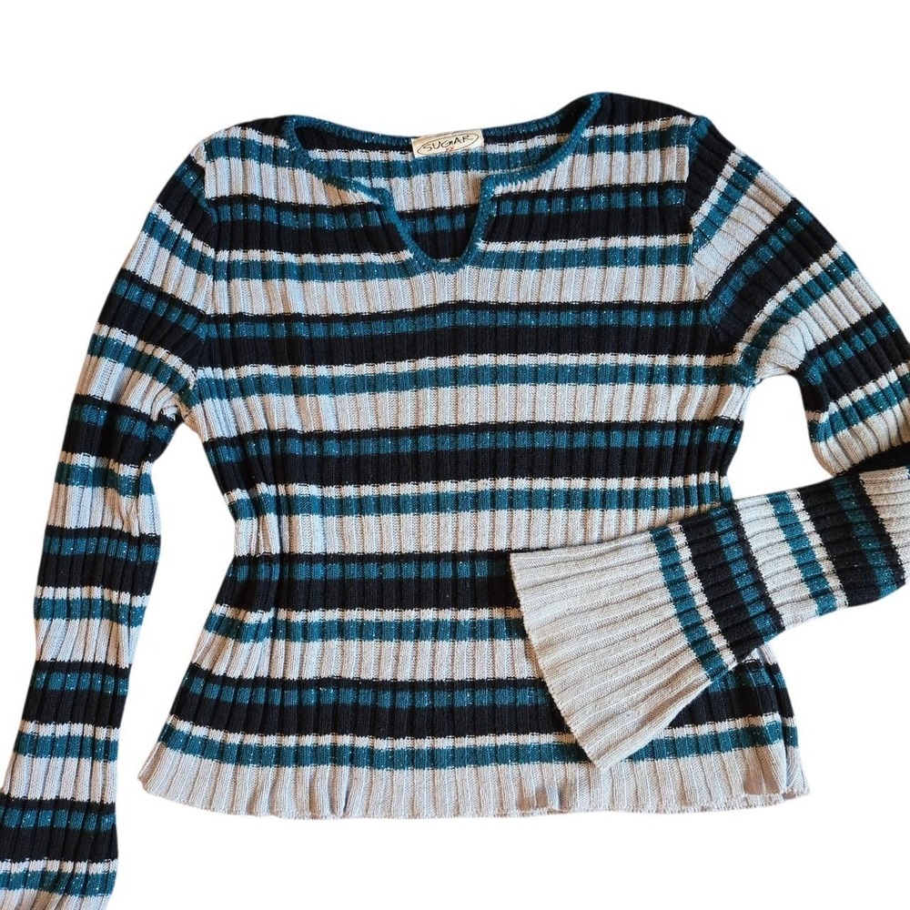 VTG y2k bell sleeve crop sweater / SUGAR MD / crop sparkle blue stripe knit